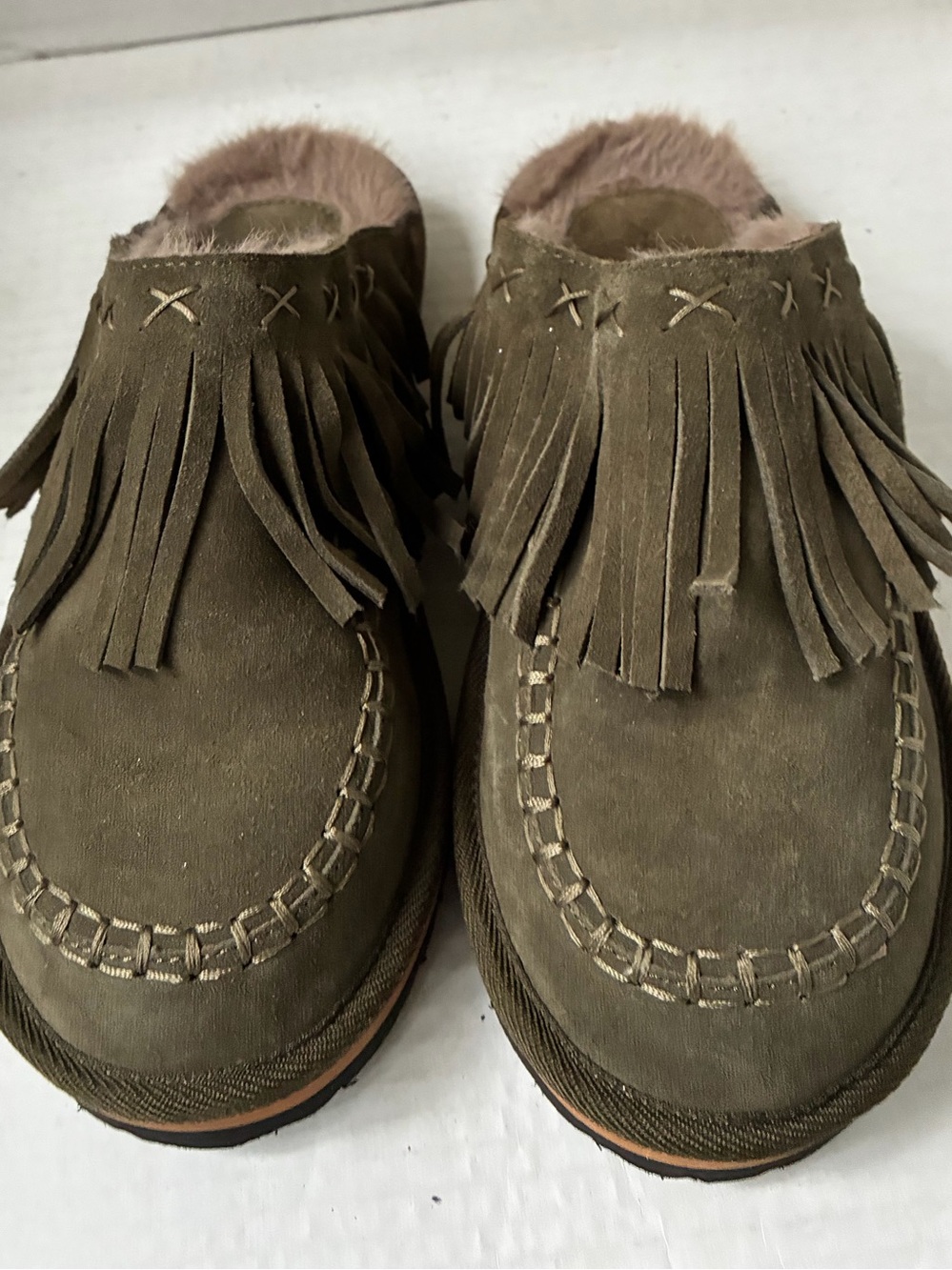 Free People Women's Fallon Fringe Mules, Military Olive, 6 Medium US